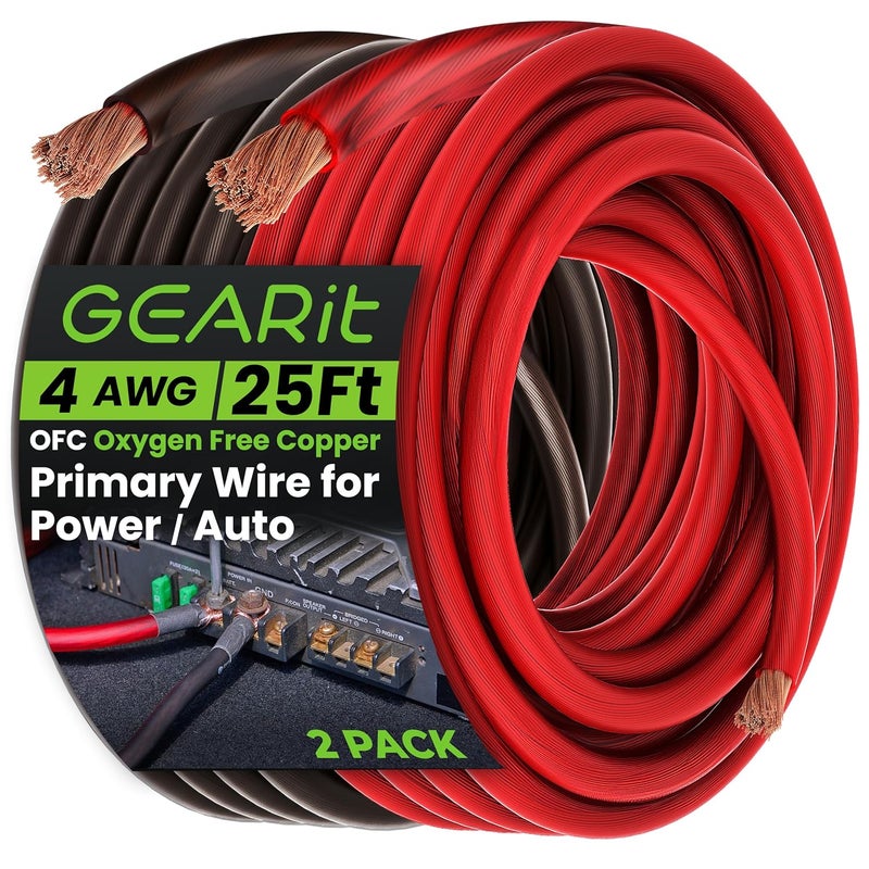 GearIT سلك نحاسي خالي من الأكسجين 4 قياس (25 قدم لكل منهما - أسود/أحمر شفاف) 4 AWG - سلك طاقة/أرضي للسيارات، كابل بطارية، مكبر صوت سيارة، مقطورة RV، مضخم، كهربائي 4ga 25 قدم - Image 1